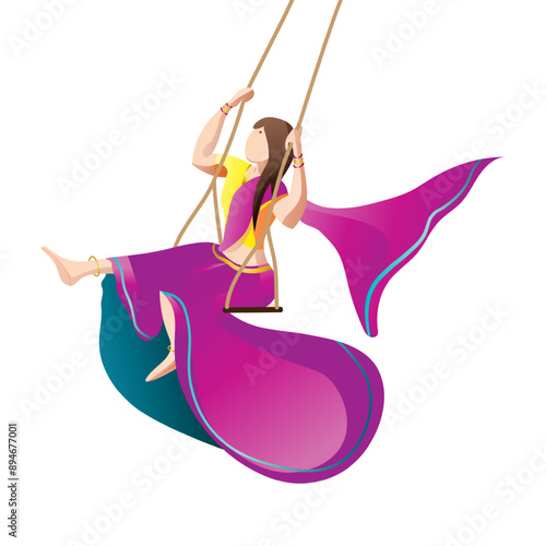 Vector illustration of Indian woman on swing on transparent background