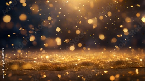 a stunning abstract background adorned with golden particles and a mesmerizing bokeh effect. The perfect addition to your holiday-themed project, christmas lights on the sky