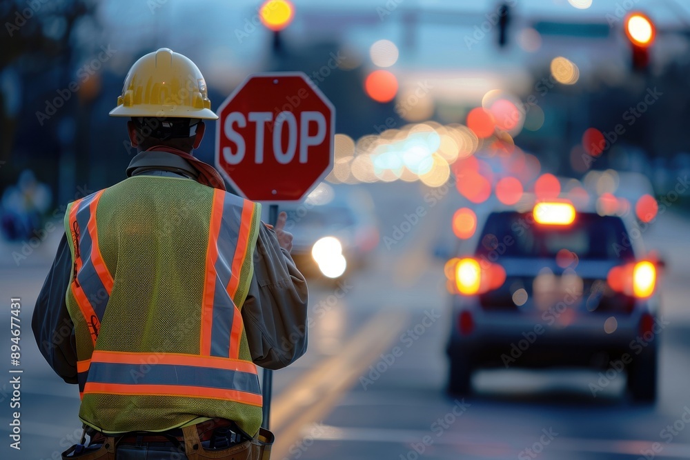 A man in a yellow vest is standing in front of a stop sign A man in a yellow vest is standing in front of a stop sign
