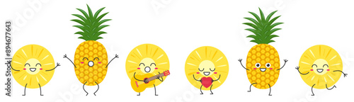 Set slice pineapple juicy fruit character cartoon greeting jumping loves sings running cute funny smiling face happy joy emotions icon vector illustration.