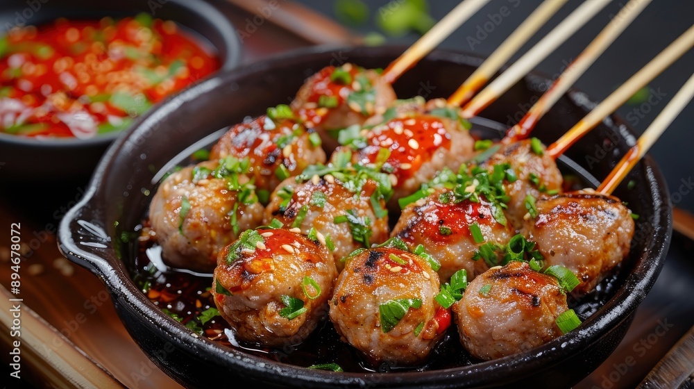 Grilled Pork Ball Stick Dipped In Spicy Chili Sauce, A Popular Street Food Snack Grilled Pork Ball Stick Dipped In Spicy Chili Sauce, A Popular Street Food Snack