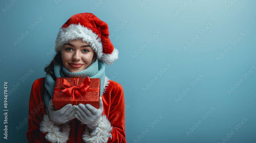 Festive woman in a Santa costume clutches a vibrant red gift box Festive woman in a Santa costume clutches a vibrant red gift box