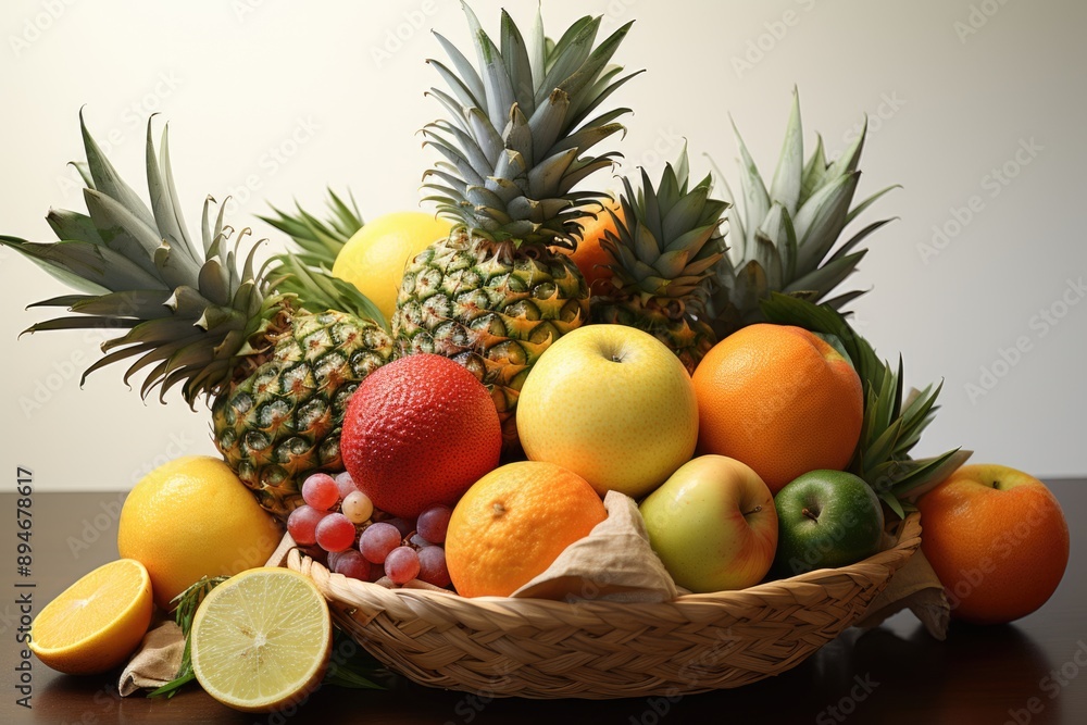 Pineapple and other exotic fruits in a wicker basket in a white background, generative IA Pineapple and other exotic fruits in a wicker basket in a white background, generative IA