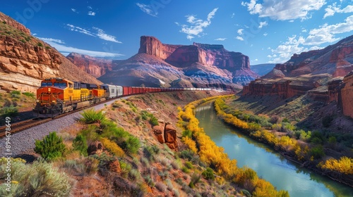 A train traveling through a scenic valley, offering breathtaking views and peaceful travel