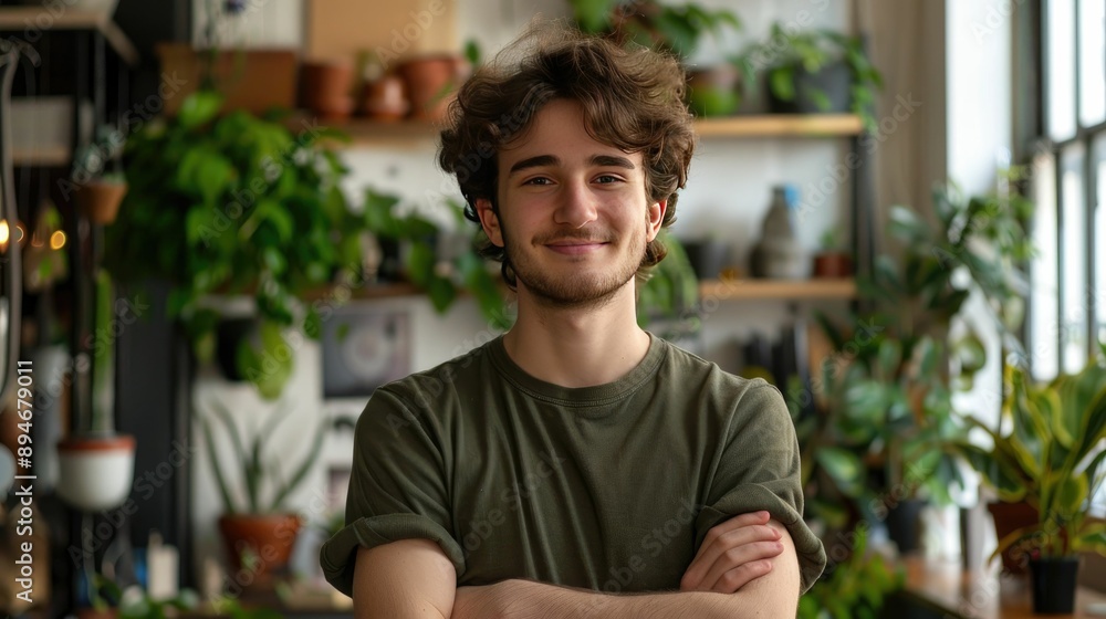Young entrepreneur smiling with crossed arms in a minimalist workspace Young entrepreneur smiling with crossed arms in a minimalist workspace