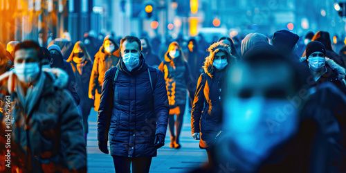 Anonymous crowd of people walking street wearing masks during covid 19 coronavirus pandemic