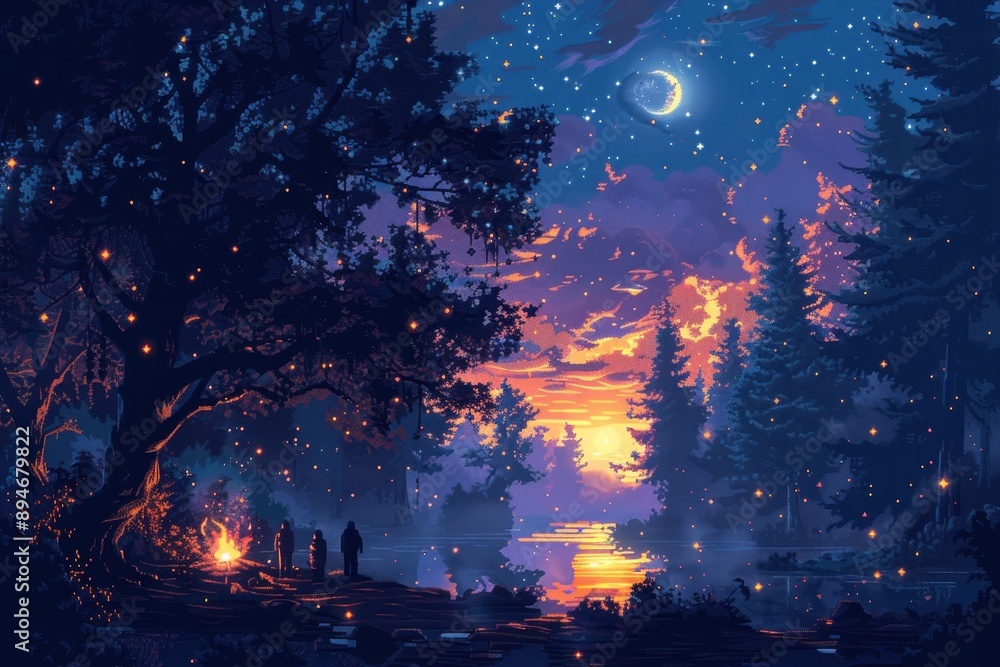 Fototapeta premium A forest at night with a group of people around a fire