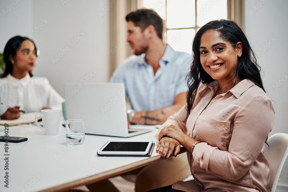 Meeting, office and portrait of business woman for teamwork, collaboration and company pride. Professional, corporate and person with workers for graduate programme, internship and work opportunity
