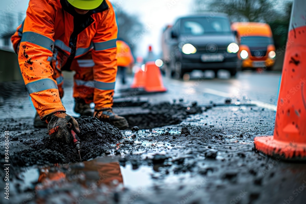 A man in an orange jacket is working on a road A man in an orange jacket is working on a road