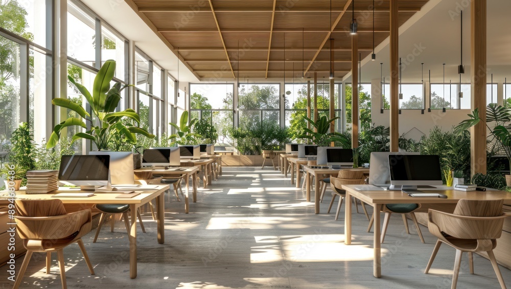Fototapeta premium Modern Office Space with Natural Light and Greenery