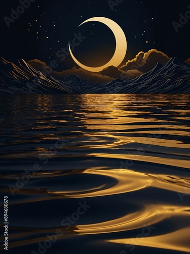 Abstract vector of Japanese golden waves at night with half moon, high contrast