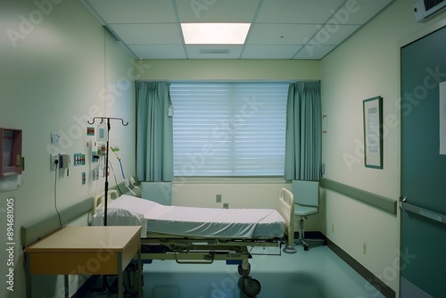 A hospital room with medical equipment and a patient bed, but no people in the photo. The white walls, blue window blinds, and light green curtains create a clean and modern interior with minimalistic