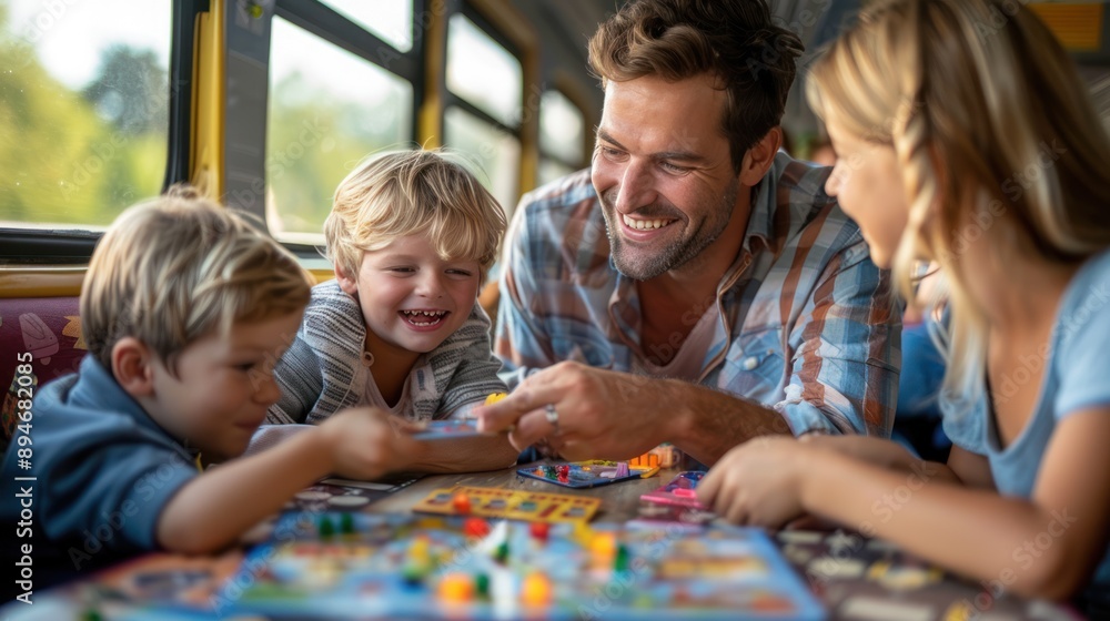 A family playing board games together on a train journey, showcasing fun and togetherness A family playing board games together on a train journey, showcasing fun and togetherness