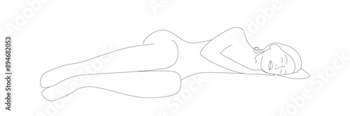 Sleeping woman body one single continuous line silhouette. Vector stock illustration isolated on white background for design template beauty and spa calendar, social media. Editable stroke.