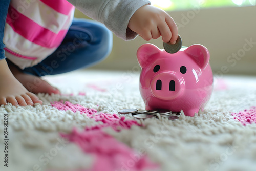 "Child Hand Putting Coin into Pink Piggy Bank: Savings Concept"