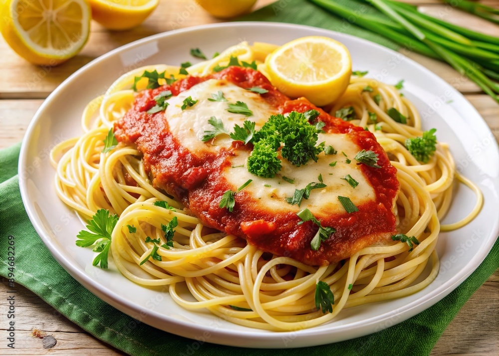 A white plate presents a mouthwatering Chicken Parmesan dish with spaghetti in marinara sauce, garnished with fresh parsley and lemon wedges, beautifully arranged. A white plate presents a mouthwatering Chicken Parmesan dish with spaghetti in marinara sauce, garnished with fresh parsley and lemon wedges, beautifully arranged.