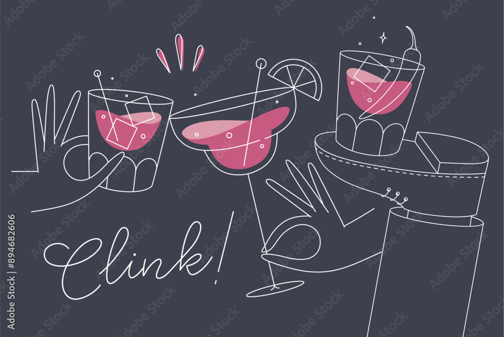Cocktail glasses cheers for whiskey, vermouth, gin, martini, aperol, margarita in modern flat line style on dark background