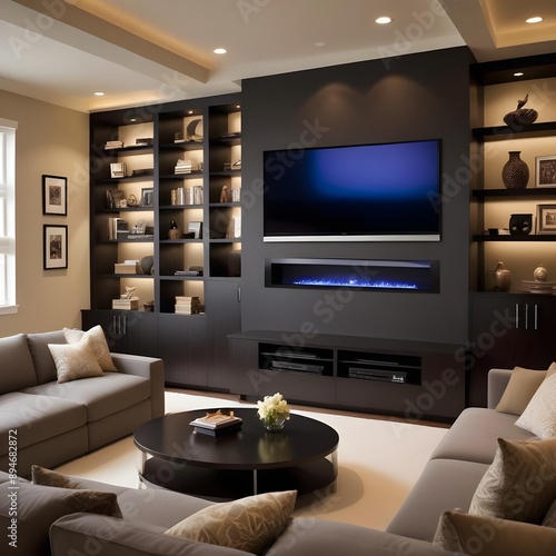 Sleek and modern entertainment room featuring a custom-built media center and storage unit