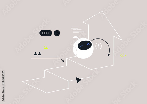 A robot navigates a series of steps, ascending towards a large arrow, A small warning icon hovers above, suggesting a potential obstacle