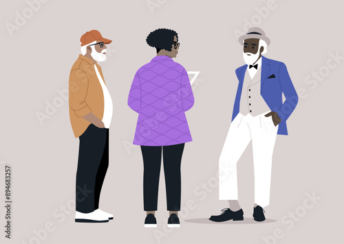 A Conversation Amongst Friends, Three senior citizens stand together, engaged in discussion