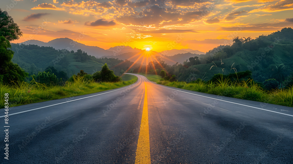 Asphalt highway road and green mountain with sky clouds at sunset Asphalt highway road and green mountain with sky clouds at sunset