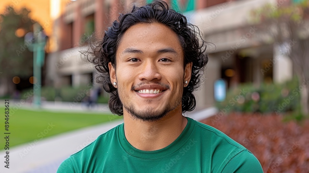 An Asian Malay Young Man With Curly Hair, Smiling At The Camera, Leaning On A Wall An Asian Malay Young Man With Curly Hair, Smiling At The Camera, Leaning On A Wall