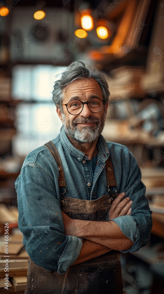 Fototapeta premium Middle-Aged Man in Woodworking Workshop