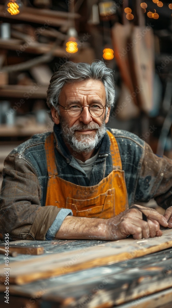 Middle-Aged Man in Woodworking Workshop Middle-Aged Man in Woodworking Workshop