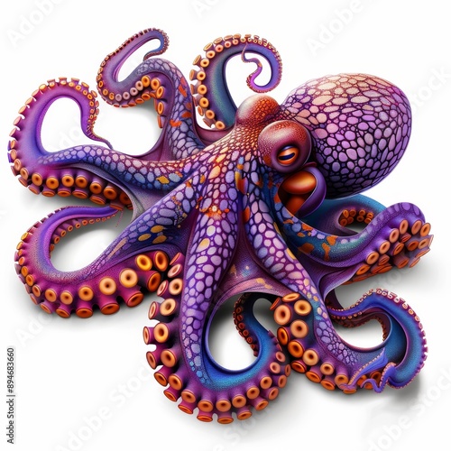 A purple octopus with orange spots is shown on a white background