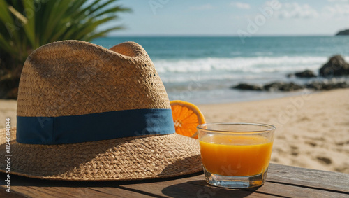 Beach hat next to tropical orange juice on table
