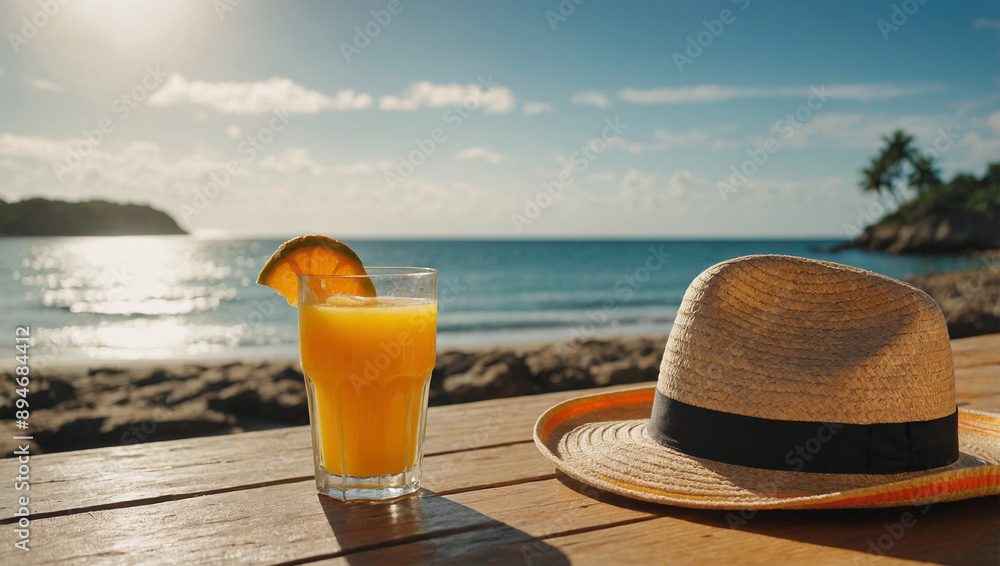 Beach hat next to tropical orange juice on table Beach hat next to tropical orange juice on table