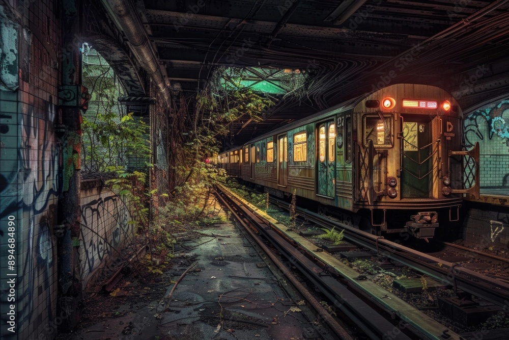 Abandoned Subway Station. An old, forgotten subway station, partially reclaimed by nature. Broken tiles and graffiti-covered walls are illuminated by flickering, eerie lights. Abandoned Subway Station. An old, forgotten subway station, partially reclaimed by nature. Broken tiles and graffiti-covered walls are illuminated by flickering, eerie lights.