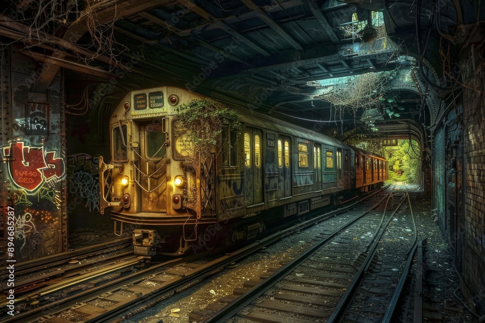 Abandoned Subway Station. An old, forgotten subway station, partially reclaimed by nature. Broken tiles and graffiti-covered walls are illuminated by flickering, eerie lights. Abandoned Subway Station. An old, forgotten subway station, partially reclaimed by nature. Broken tiles and graffiti-covered walls are illuminated by flickering, eerie lights.