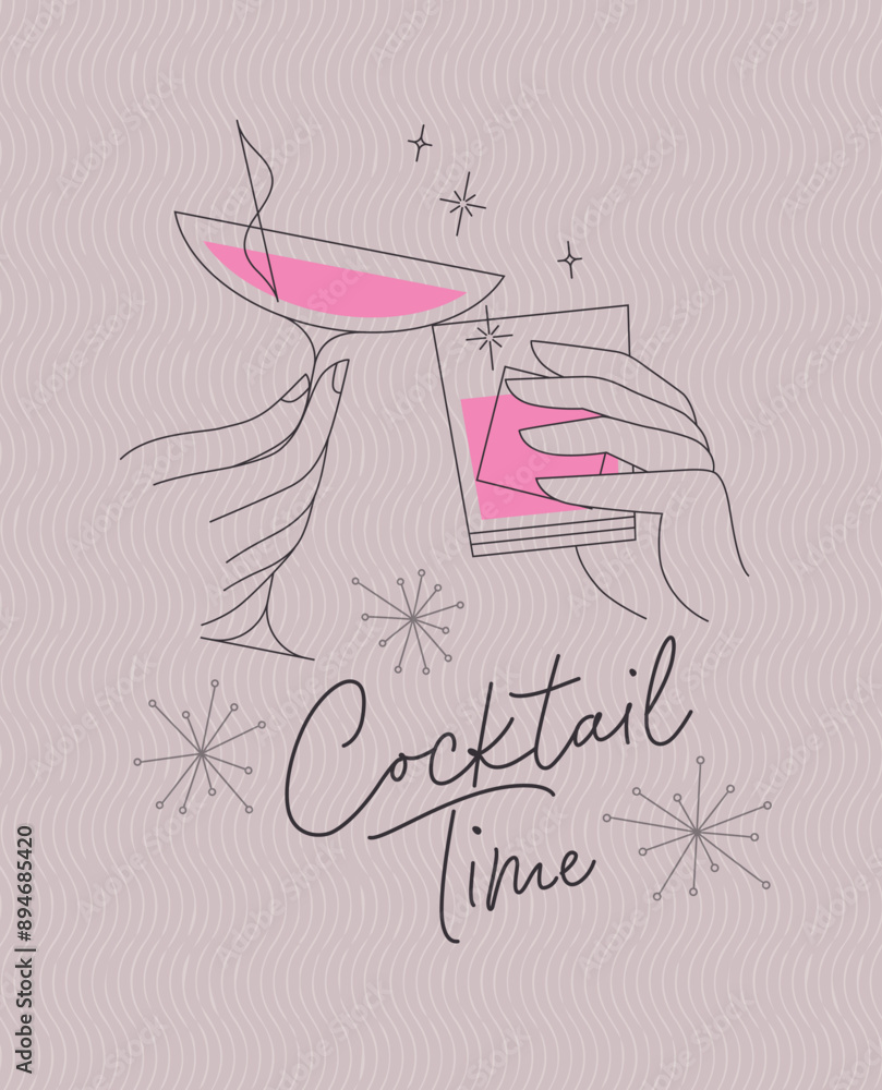 Poster clinking glasses with lettering cocktail time drawing with color on pink background