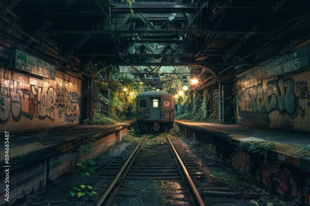 Naklejka premium Abandoned Subway Station. An old, forgotten subway station, partially reclaimed by nature. Broken tiles and graffiti-covered walls are illuminated by flickering, eerie lights.