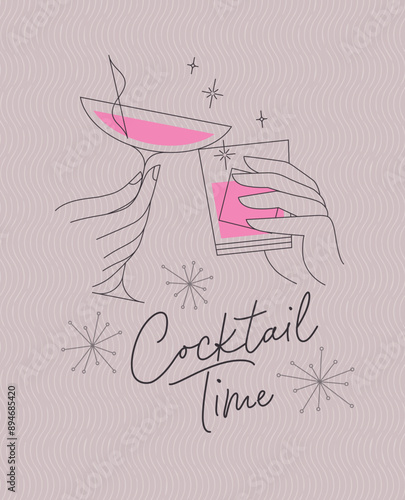 Obraz na płótnie Poster clinking glasses with lettering cocktail time drawing with color on pink background w salonie