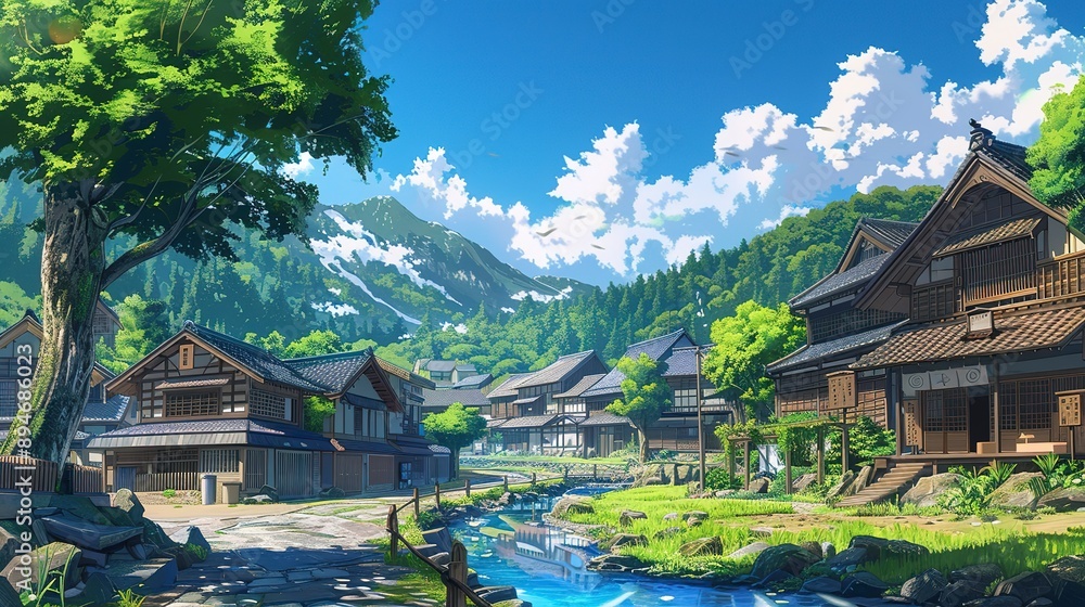 Fototapeta premium the village in japan anime illustration is a place of harmony and balance where people live in harmony with the land and with each other 