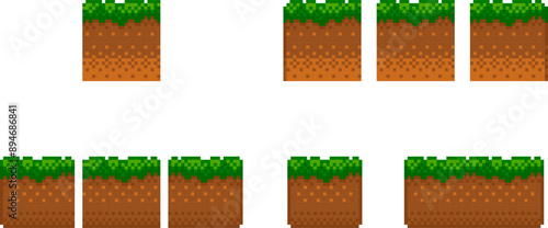 Pixel art tile set for 2d retro video-game. A set of ground tiles with grass for platformer for location constructor. Vector illustration.