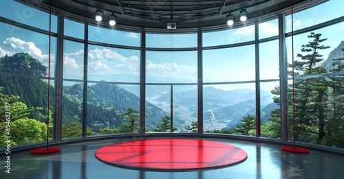 Stylish virtual studio TV show background, suitable for live events or TV news shows. 3D rendered backdrop for VR tracking systems, with green screen.