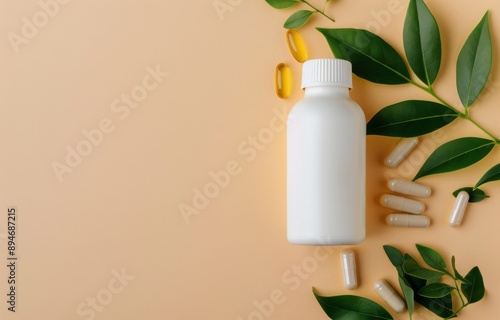 Pills and Leaves on a Peach Background