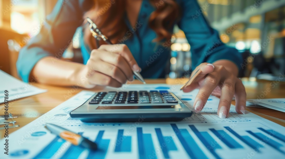 Businesswoman working on financial reports Businesswoman working on financial reports