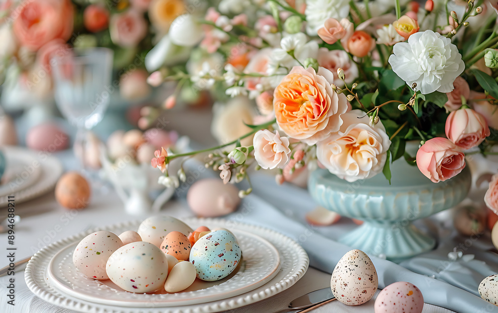Fototapeta premium Elegant Easter table setting with delicate pastel-colored eggs and lush floral centerpiece, perfect for spring celebrations and gatherings.