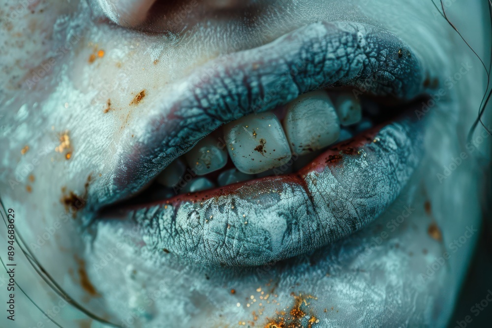 Obraz premium A close-up of a textured and eerie mouth, showcasing a blend of skin tones and intricate detail, perfect for artistic expression.