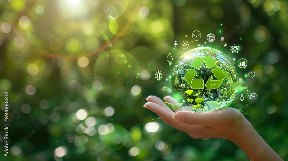 A hand holding a small globe with recycling symbols and icons, representing sustainability and environmental conservation. A hand holding a small globe with recycling symbols and icons, representing sustainability and environmental conservation.
