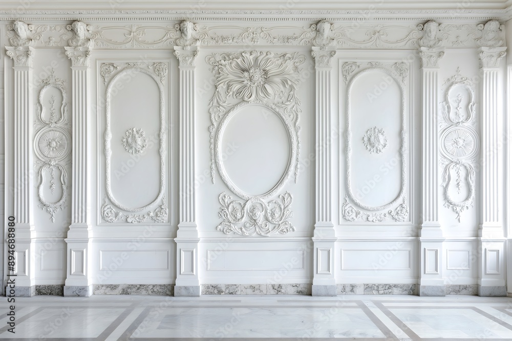 © Rebecca Jestico - Backdrop, vintage, elegant white wall with intricate plaster carvings, against a backdrop of classic marble flooring. Wedding photography.