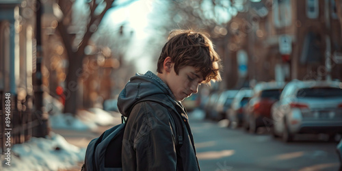 Young teen boy feeling lonely and sad on a street photo