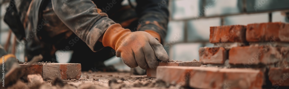 A builder-bricklayer lays out bricks, erecting a new wall A builder-bricklayer lays out bricks, erecting a new wall