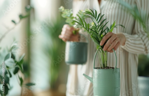 Woman Watering Plants on Table