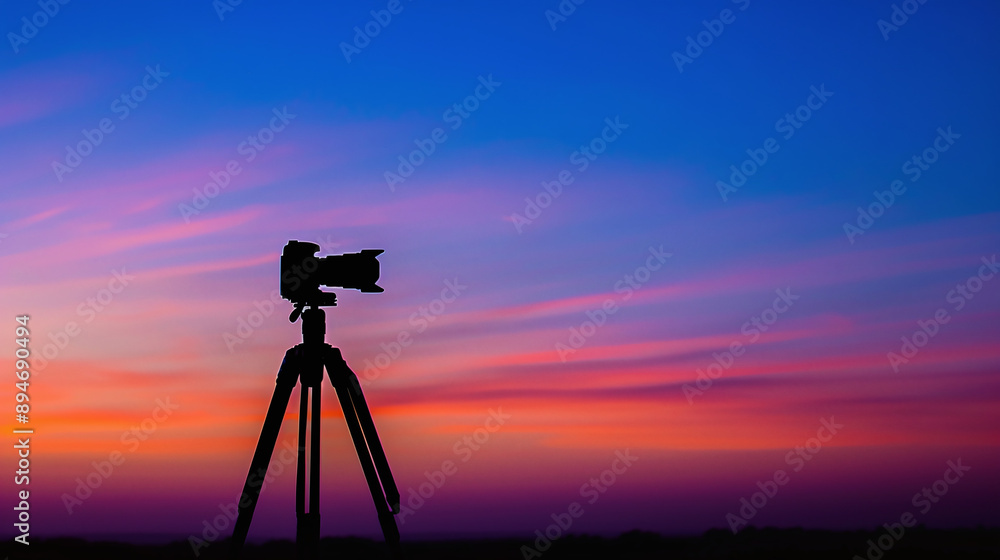 World Photography Day, minimalist shot of a camera on a tripod, silhouetted against a dawn or dusk sky, space for copy text World Photography Day, minimalist shot of a camera on a tripod, silhouetted against a dawn or dusk sky, space for copy text