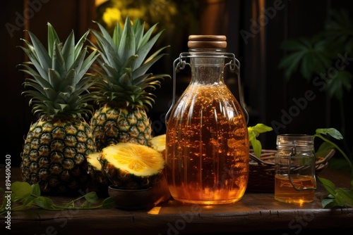 Delicious bottle of kombucha and pineapple arrangement, generative IA